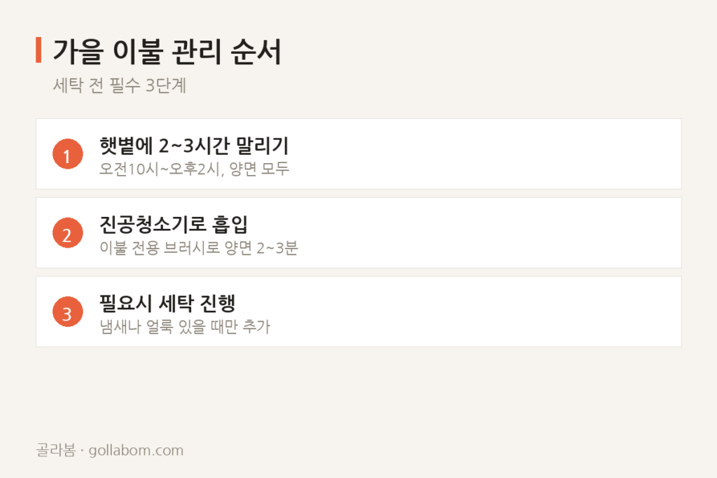 가을 첫 이불 — 덮기 전에 햇볕과 청소기 순서