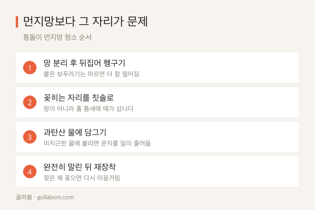 통돌이 세탁기 먼지망 청소 — 망보다 꽂히는 자리가 더 더럽습니다