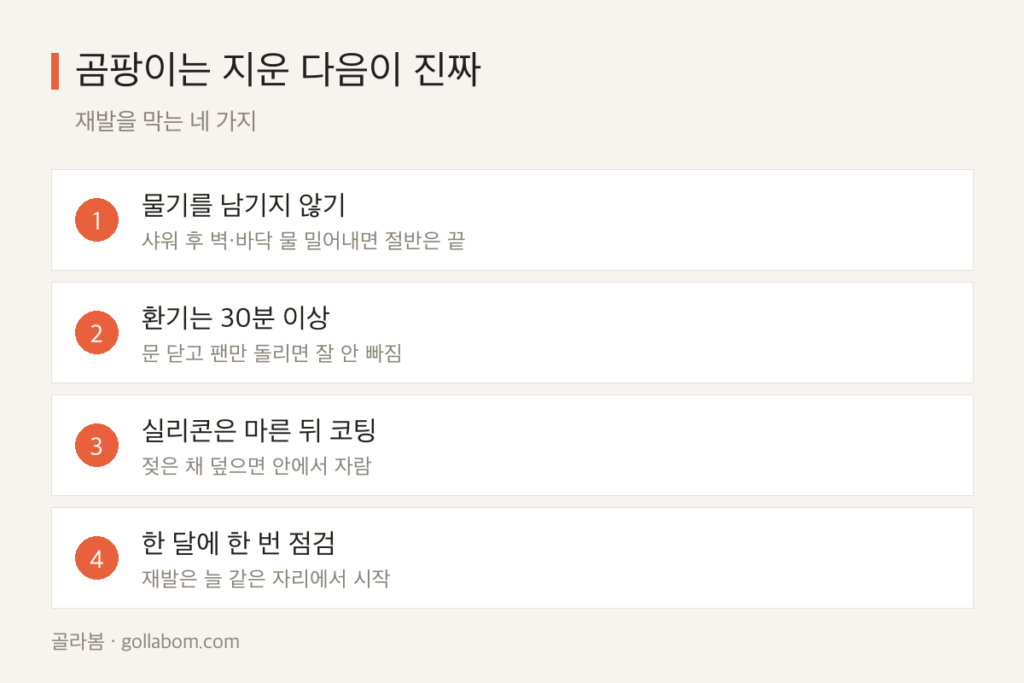 욕실 곰팡이는 지운 다음이 진짜입니다 — 재발을 막는 순서