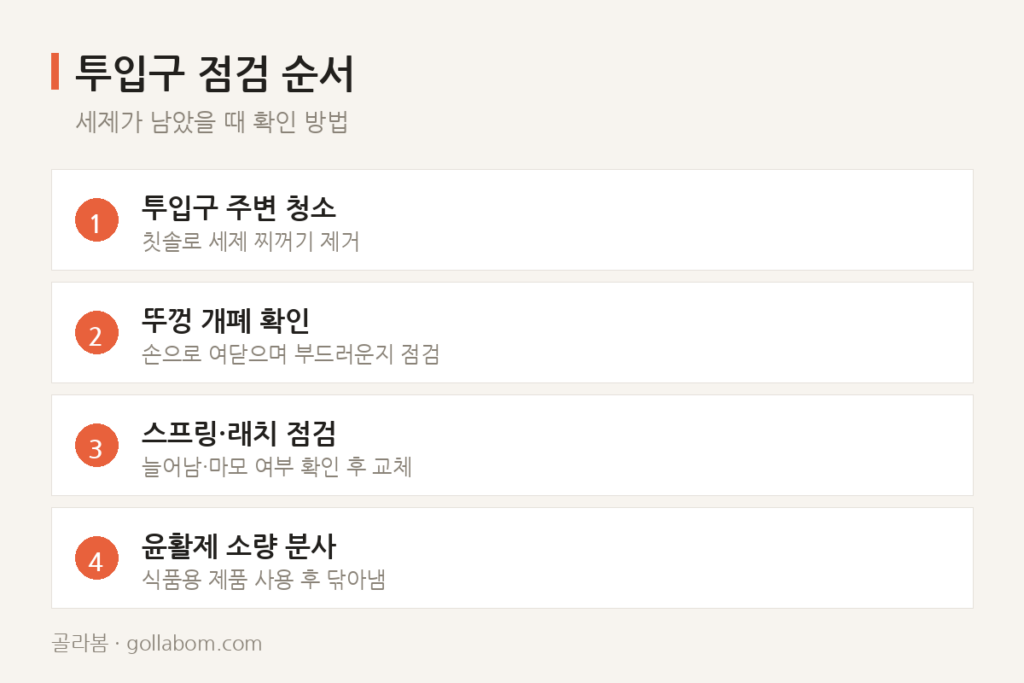 식기세척기 세제 투입구 뚜껑이 열린 채로 끝난다