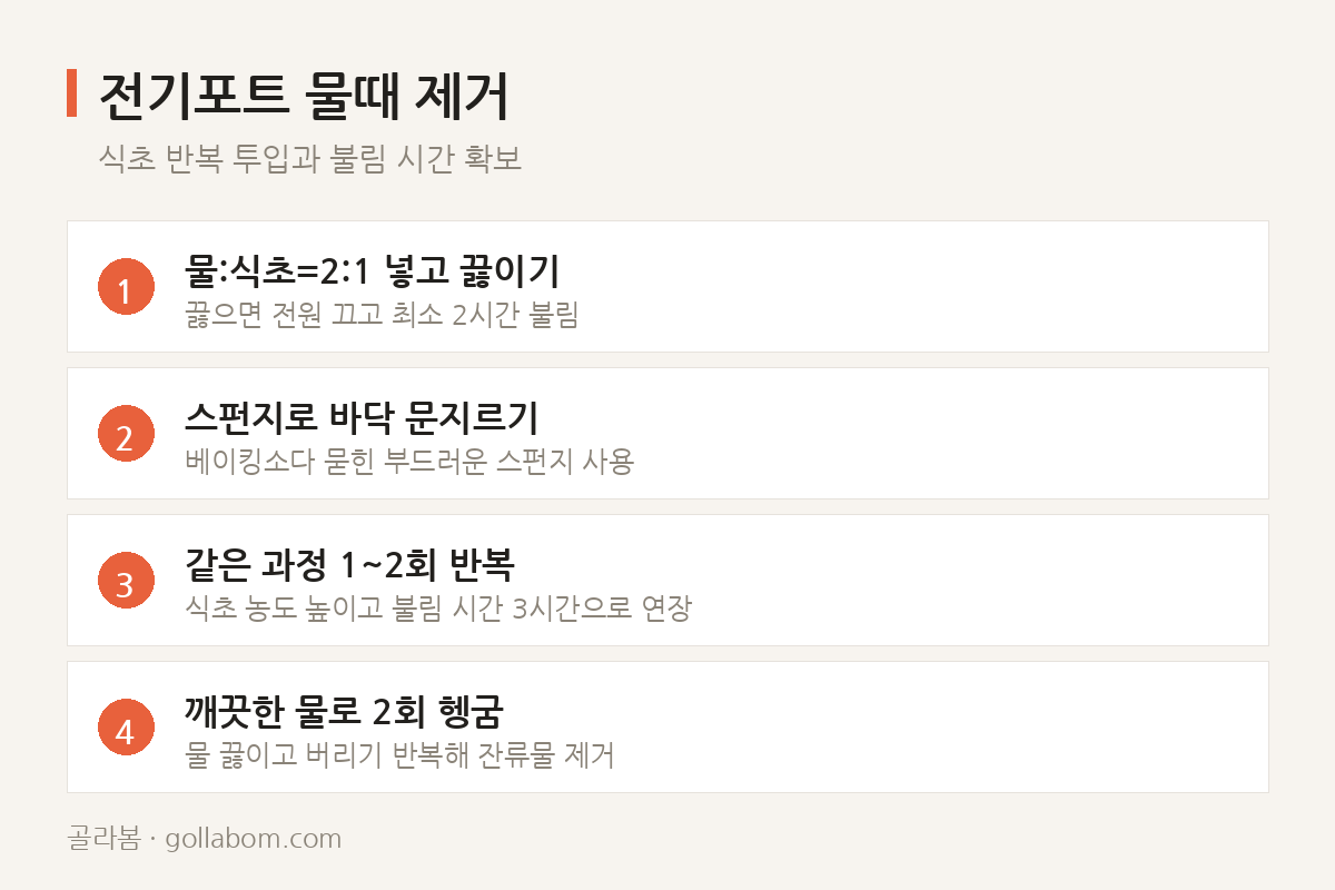 전기포트 물때 제거 — 식초 반복 투입과 불림 시간 확보