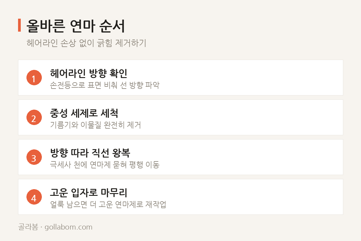 올바른 연마 순서 — 헤어라인 손상 없이 긁힘 제거하기