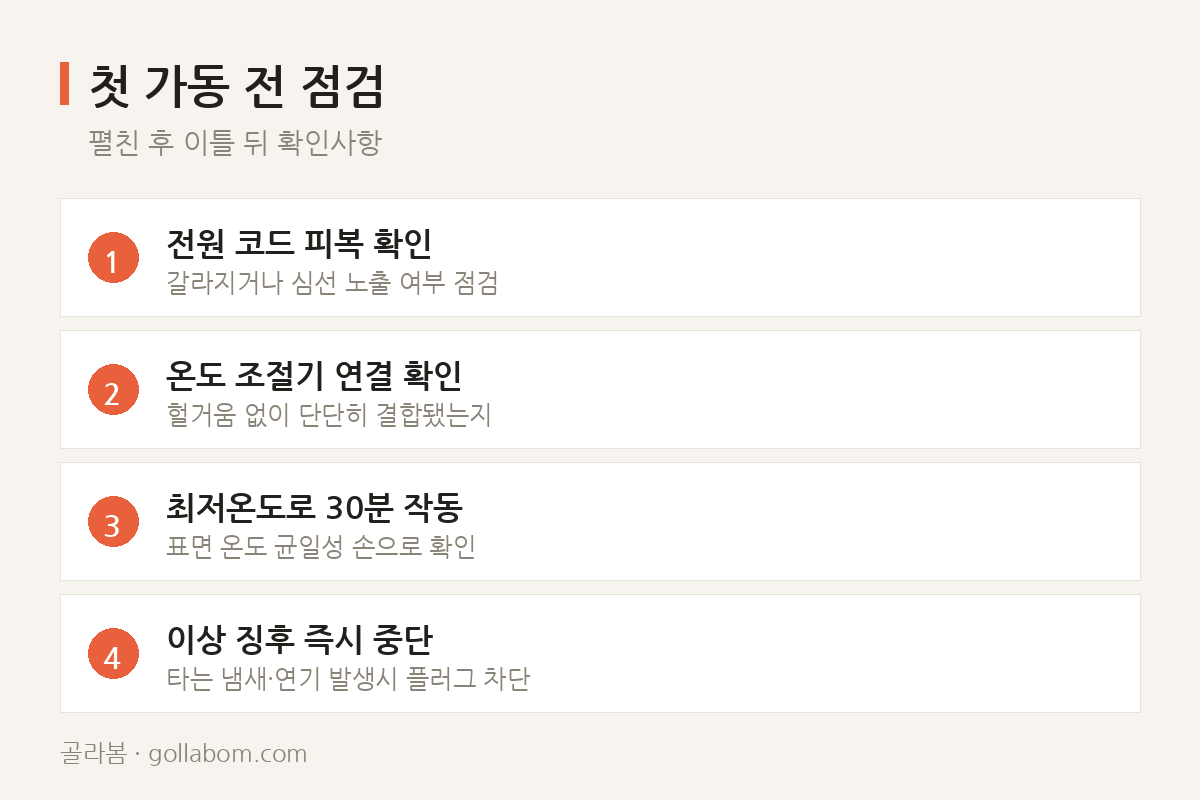 첫 가동 전 점검 — 펼친 후 이틀 뒤 확인사항