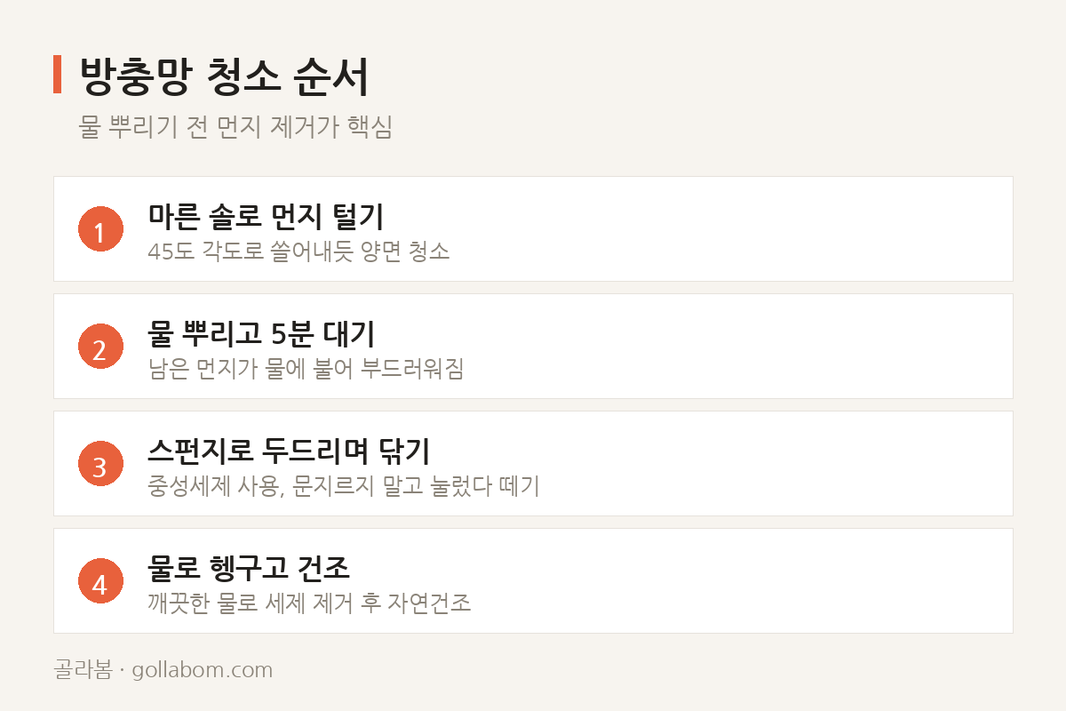 방충망 청소 순서 — 물 뿌리기 전 먼지 제거가 핵심